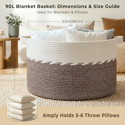 OIAHOMY 90L Extra Large Blanket Basket - Decorative Cotton Rope Storage Basket for Bedroom, Living Room & Nursery - Woven Laundry Hamper for Organizing Blankets, Clothes & Toys - Brown & White