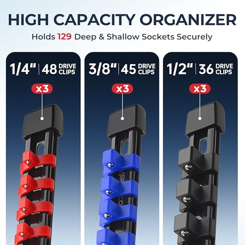 Reniteco 9-Pack Socket Organizer Set, 1/4" x 48 3/8" x 45 1/2" x 36 Clips | 129 Clip Capacity, Havy-Duty ABS Socket Rails, Removable Clips, Drive Socket Storage, Toolbox Drawer or Wall Mount