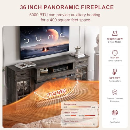 MXV 70" Fireplace TV Stand, 3-Sided Glass Fireplace and Modern Entertainment Center, Wooden Media Console with Glass Doors & Storage Drawers, LED Light, for Living Room, Grey