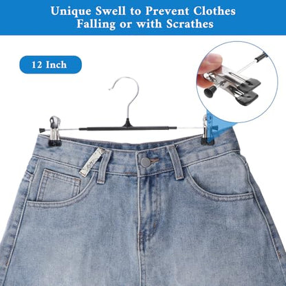 30 Pack Pants Hangers with Clips Adjustable Skirt Hangers for Women Non-Slip Trousers Hanger for Jeans Clothes Hanger for Pants Heavy Duty Space Saving Shorts Clothes Rack Black 12Inch