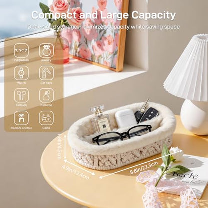 Glasses Holder, 2 Slots Plush Lined Eyeglass Holder Stand | Anti-scratch Eye-glasses Key Jewelry Tray for Nightstand Desk Table Entryway Dresser Storage Organizer, Beige