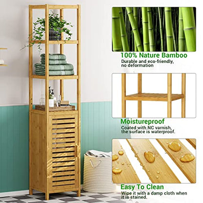 Storage Tall Slim Cabinet with Shutter Door and 3 Tier Shelves, Freestanding Linen Tower Cabinet for Living Room, Kitchen, Bathroom Organizer, Natural Bamboo