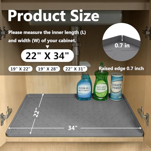 Mateeylife Under Sink Mat Kitchen Waterproof, Silicone Sink Tray 22"X34" | Under Sink Organizer Cabinet Shelf Protective Liner, Multi-use Silicone Mat for Boot Tray & Litter Mat, Dark Grey