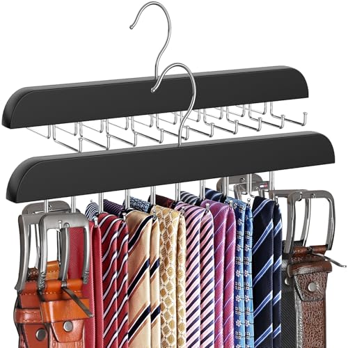 RESOVO Upgraded Tie Rack Hanger with 20 Foldable Metal Hooks, Space Saving Necktie Organizer for Men – Large Capacity Tie and Belt Wooden Hanger for Closet - Black 2 Pack