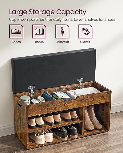 VASAGLE CUSTOS Collection - Storage Bench with Cushion, Shoe Bench, Padded Seat, Hidden Storage, Entryway, Hold up to 300 lb, 11.8 x 31.5 x 17.3 Inches, Rustic Brown and Ink Black ULHS30BX