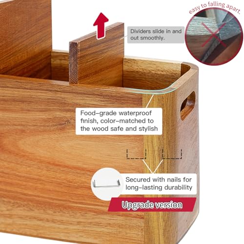 Wooden Kitchen Utensil Holder Organizer for Counter or Countertop, Large Wooden Utensil Holder for Storage Cooking and Silverware with 4 Compartment, Acacia Rustic Wood Container Extra Large