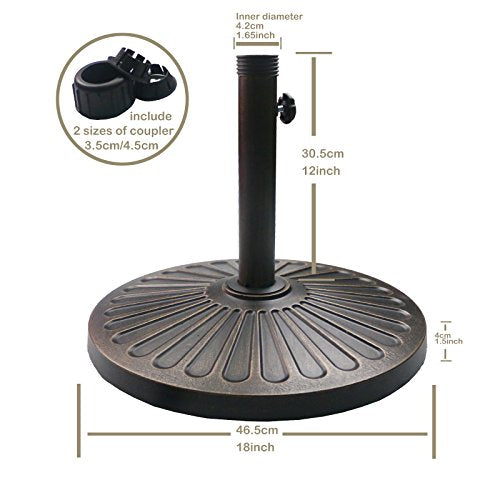 Sunnyglade 18" 30.2-lb Heavy Duty Round Patio Umbrella Base Antiqued Bronze | 30.2-Lb Resin Umbrella Base Keeps Patio Umbrellas Steady with An Elegant Bronze Finish, and 1.38"-1.8" Pole Fit
