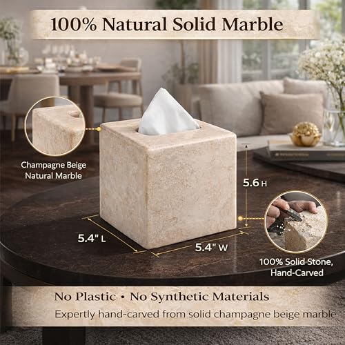 Creative Home Natural Marble Tissue Box Cover, Square Beige Tissue Holder