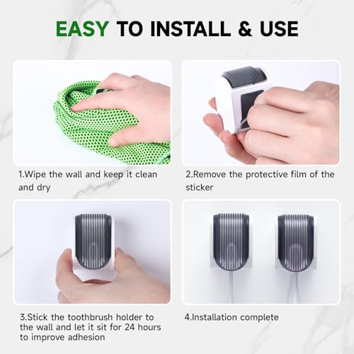 4 Pcs Toothbrush Holders Wall Mounted, Single Slot Design, Shower Self Adhesive Wall Mounted Toothbrush Holder with Cover, Waterproof and Dustproof, Suitable for Bathroom, Family, Travel (Grey)
