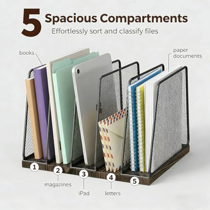 5-Section Vertical File Organizer for Desk, Sturdy Wood Base & Metal Mesh Desktop File Holder, Upright Paper Folder Sorter for Office Supplies（Rustic Brown）
