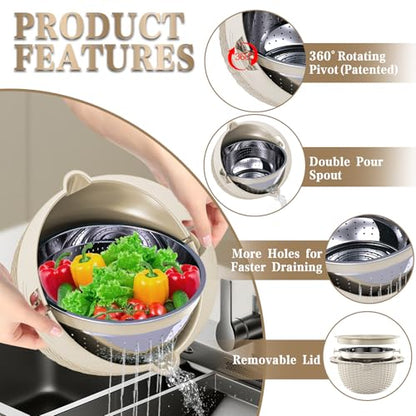 4-in-1 Colander with Bowl Set — Patented 360° Rotatable Strainer Bowl with 3 Graters, Snap-On Lid & Non-Slip Base, Funny Kitchen Present for Women, Aesthetic Pasta Fruit Vegetable Strainer (Beige)