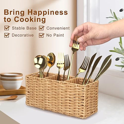 Flatware Silverware Caddy Party Cutlery Utensil Holder Organizer Counter | Plastic Silverware Holder Table Wicker Small Kitchen Utensils Holder for Countertop Fork Spoon Organizer Cutlery Caddy Basket