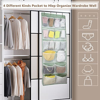 18 Pockets Over the Door Organizer with 4 Kind Pockets,Behind Door Shoes Rack,Back of Closet Storage Organization for Socks,Hat,Underwear,Luggage Packing,Hanging Holder Shelf in Home Dorm,Travel,Green