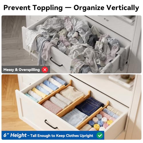 4 Pack Deep Drawer Dividers, 6" High Bamboo Expandable Drawer Organizers, 17-22" Adjustable Tension Separators, Large Drawer Dividers for Kitchen, Bedroom Dresser, Baby Nursery & Bathroom