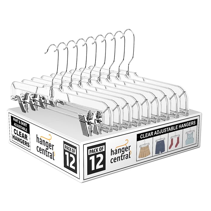 Premium 14 Inch Clear Pants Hangers with Adjustable Clips - 12 Pack Space-Saving Skirt Hangers - Non-Slip Heavy Duty Plastic Closet Organizers with 360° Swivel Hook