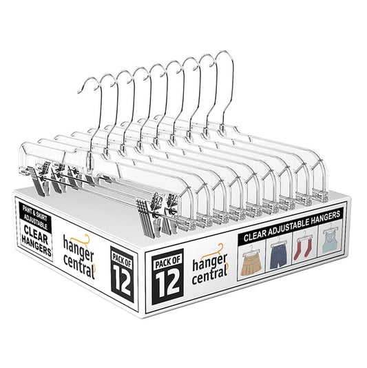 Premium 14 Inch Clear Pants Hangers with Adjustable Clips - 12 Pack Space-Saving Skirt Hangers - Non-Slip Heavy Duty Plastic Closet Organizers with 360° Swivel Hook