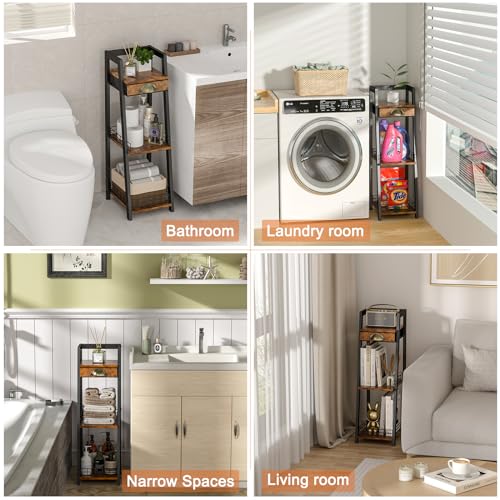 3-Tier Narrow Bathroom Shelves with Drawer, Bathroom Organizers and Storage, Open Floor Ladder Shelf, Freestanding Tower Slim Standing Unit for Small Spaces - Rustic Brown