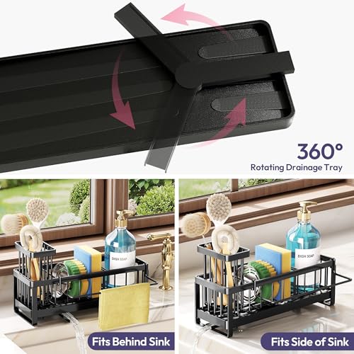 Sponge Holder for Kitchen Sink - Sink Caddy with Brush Holder Self-draining Sponge Caddy Organizer with Divider Stainless Steel Kitchen Accessories Storage for Countertop, Black