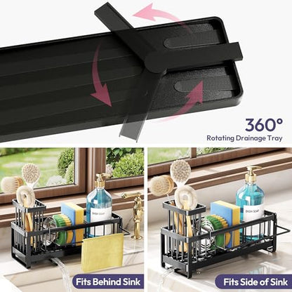 Sponge Holder for Kitchen Sink - Sink Caddy with Brush Holder Self-draining Sponge Caddy Organizer with Divider Stainless Steel Kitchen Accessories Storage for Countertop, Black