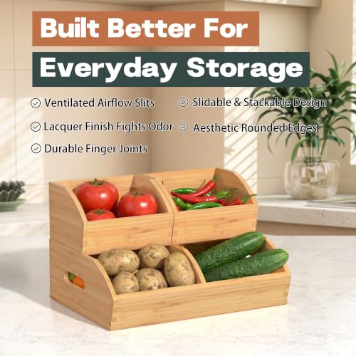 Potato and Onion Storage Bin, Stackable Pantry Org... (Turquoise | Bamboo)