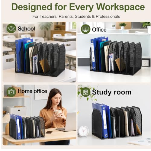 FANXIYQ Black 7-Section File Folder Organizer for Desk, Metal Vertical File Holder Stand, Desktop File Organizer Rack for Letter/A4 Folders, Papers, Books, Office Classroom Home