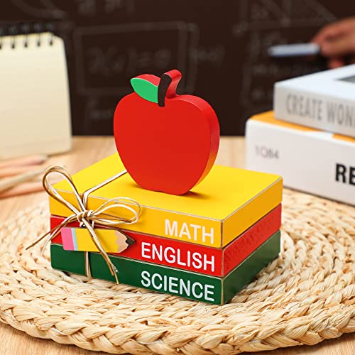 4 Pcs Back to School Table Decoration Wooden Apple Decorative Trays | Apple Prop with Pencil Stacks Books Centerpiece First Day of School Gifts Desktop for Teachers Office Classroom Decor
