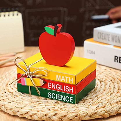 4 Pcs Back to School Table Decoration Wooden Apple Decorative Trays | Apple Prop with Pencil Stacks Books Centerpiece First Day of School Gifts Desktop for Teachers Office Classroom Decor