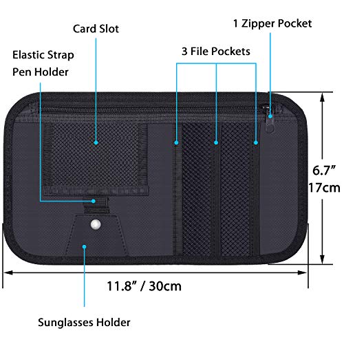 Wisdompro Car Sun Visor Organizer, Registration and Insurance Holder, Black | Auto Sunvisor Pocket, Truck Storage Pouch with Elastic Strap for Sunglass, Glasses, Documents, Cards, Pen, Drivers License