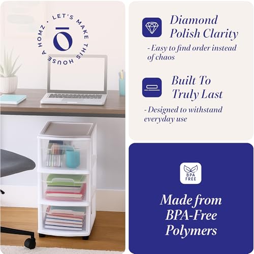 HOMZ 3-Drawer Storage Cart, Plastic Home, Dorm, & Office Organizer, White Frame | Plastic Organizer with Clear Bin Drawers for Bedroom, Bathroom, Home Office, and Dorm Rooms