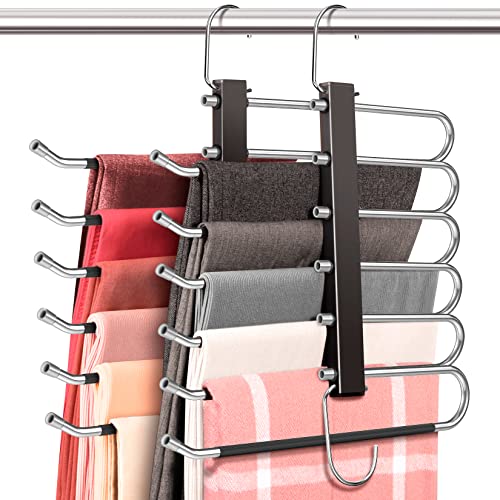 Space Saving 6 Tier Pant Hangers, Anti-Slip, Stainless Steel, 2 Pack, Black