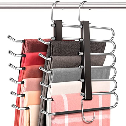 Space Saving 6 Tier Pant Hangers, Anti-Slip, Stainless Steel, 2 Pack, Black