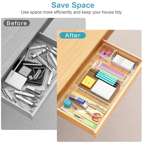 Manalete Drawer Organizers Set of 65, 4 Sizes Clear Plastic Drawer Organizers and Storage Bins for Kitchen, Bathroom, Office, Dresser Desk Drawer Organizer Tray for Jewelry, Makeup, Junk, Gadgets