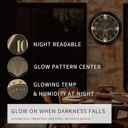 18" Illuminated Outdoor Clocks for Patio Waterproof | Adjustable Thermometer & Hygrometer,Oil Rubbed Bronze Black, IP65 Weatherproof & Easy to Read for Patio,Pool & Home Decor