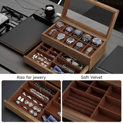 Watch Box with 10 Slots, 2-Tier Watch Case for Large Dial Watches, Watch Display Case with Lid, Removable Watch Pillows, Gifts for Men Women, Watch Organizer with Drawer, Jewelry Box, Walnut