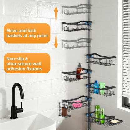 Shower Caddy Corner, 6 Tier Tension Pole Rod Bathroom Organizer Shelves, Adjustable Bathtub Shampoo Stand Rack with Towel Rack 2 Holders for Inside Shower Storage, 47-122 Inch, Black
