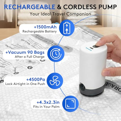 15+1 Packs Vacuum Bags for Travel with Rechargeable Pump, 3 Sizes Vacuum Seal Bags for Clothing, Compression Vacuum Travel Bags for Luggage, Vacuum Packing Bags for Closet Organization