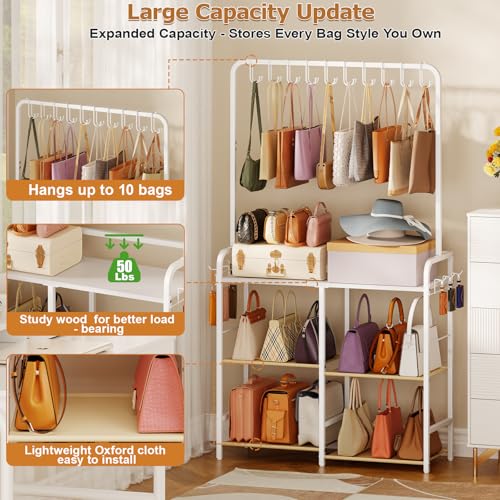 Large Capacity 3-Tier Purse Organizer for Closet, Double-Row Rack, 16 Hooks | 10 Top Hooks, 6 Side Hooks: Three shelves hold at least seven handbags per tier; the 11.5-inch depth fits narrow spaces