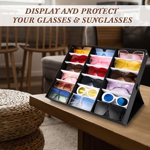 Soaoo 3 Pcs 18 Slot Sunglasses Organizer Storage Holder Eyeglasses Display Case Tray with Stand Fabric Lined Jewelry Storage Box