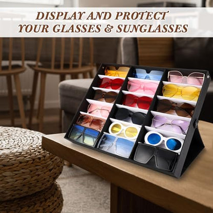 Soaoo 3 Pcs 18 Slot Sunglasses Organizer Storage Holder Eyeglasses Display Case Tray with Stand Fabric Lined Jewelry Storage Box