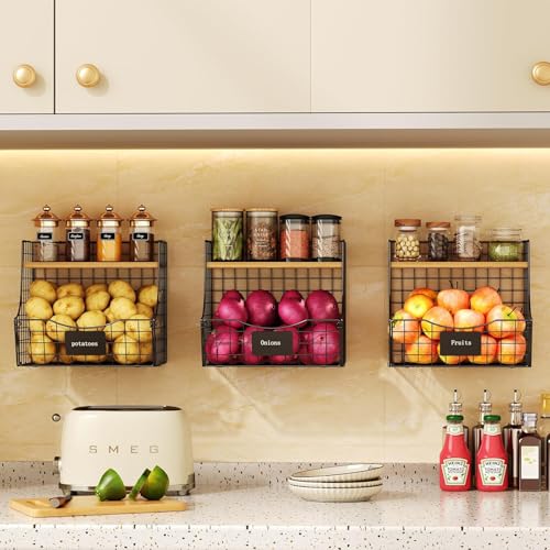 3 Pack wire Fruit Basket for Kitchen with Wood Lid... (Black)