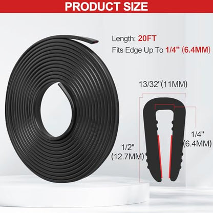 ToLanbbt Rubber Edge Trim U Channel - 1/4" Self Adhesive Sheet Metal Edge Guard Protector, EPDM Seal Strip for Car Doors, Steel Plates, Glass, Hatches, Table Corners, Fit 1/4"(6.4mm), 20Ft, Black