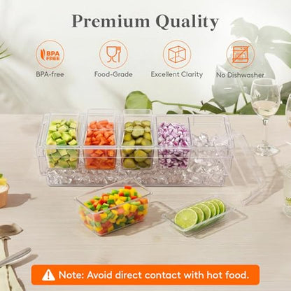 Lifewit Chilled Condiment Container with Individual Lids & Handle Design | Available with Spoons & Tongs, BPA-free Condiment Caddy with 5 Containers, Ice Garnish Tray for Taco, Mimosa & Dirty Soda Bar