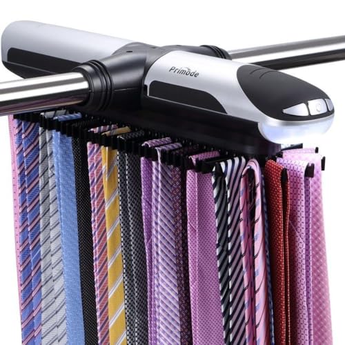 Motorized Tie Rack Closet Organizer with LED Lights Includes J Hooks for Wired Shelving Stores Up to 72 Ties & 8 Belts Operates with Batteries