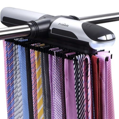 Motorized Tie Rack Closet Organizer with LED Lights Includes J Hooks for Wired Shelving Stores Up to 72 Ties & 8 Belts Operates with Batteries
