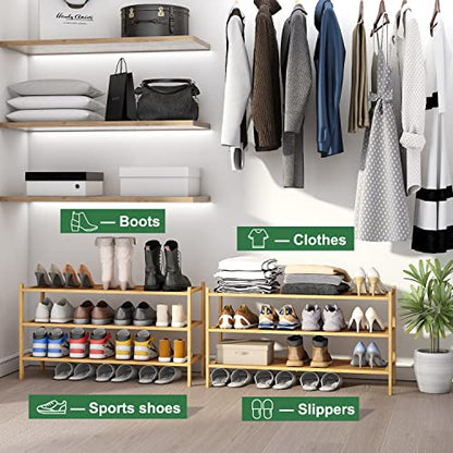 kiplant Long Shoe Rack, Bamboo Wood 3-Tier Shoe Rack for Entryway, Stackable | Foldable | Natural, Shoe Organizer for Hallway Closet, Free Standing Shoe Racks for Indoor Outdoor