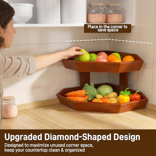 Wooden Fruit Basket for Kitchen Counter 2 Tier Fruit Bowl for Corner | Space-Saving Fruit Stand Holder for Bread Fruit and Vegetable Storage Kitchen Countertop Organizer