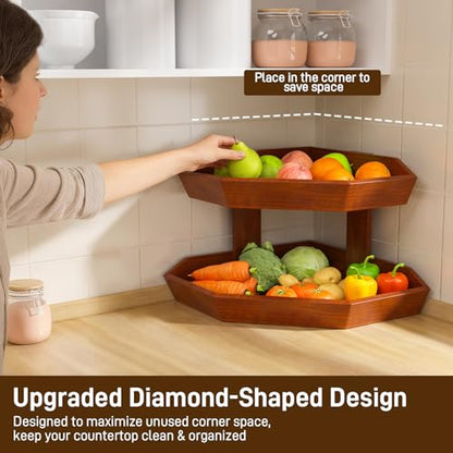Wooden Fruit Basket for Kitchen Counter 2 Tier Fruit Bowl for Corner | Space-Saving Fruit Stand Holder for Bread Fruit and Vegetable Storage Kitchen Countertop Organizer