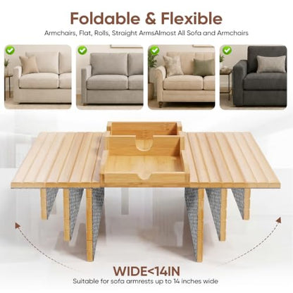 Bamboo Couch Arm Tray Table with Built-in Cup Holder, Foldable Anti-Slip Sofa Armrest Table for Drinks, Phone & Remote, Fits 4.7–16.9 in Armrests, Holds Cups up to 3.5 in Diameter (Bamboo)