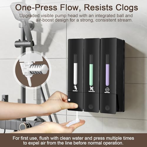 3 Chamber Shampoo and Conditioner Dispenser Set, No Drill Shower Soap | Refillable wall-mounted bottles, BPA-free. 3x400ml. Bathroom, shower, hotel. Dispenses body wash, soap, lotion, gel. Black.