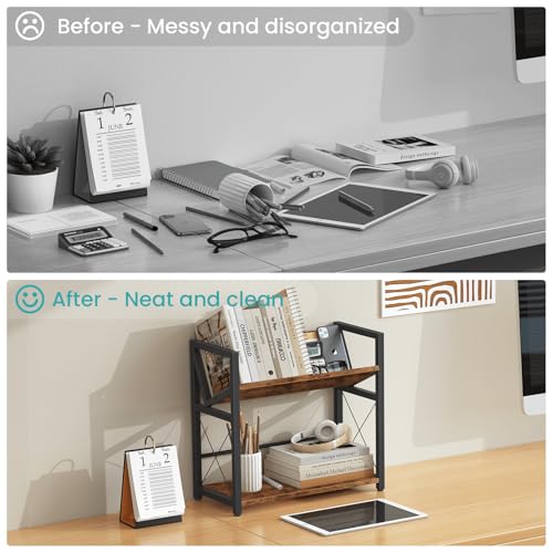 Desktop Bookshelf, 2 Tier Desk Shelf Organizer, Wooden Tabletop Bookcase, Small Desk Top Book Rack for Office, Home, Bedroom, Small Space Storage and Display, Rustic Brown